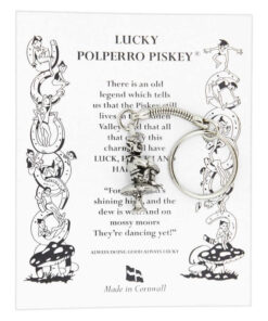 A pewter lucky Cornish Pisky keyring seated on a mushroom. The piskie is, adorned with a pointed hat, has a playful expression
