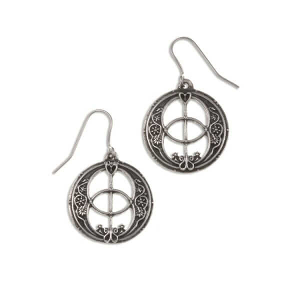 Circular celtic design chalice well drop earrings on surgical steel wires.