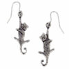 Dangling cat drop earrings on surgical steel wires.