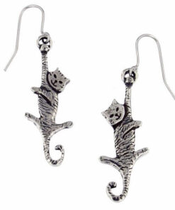 Dangling cat drop earrings on surgical steel wires.