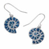 Ammonite drop earrings inlayed with sea blue enamel on surgical steel wires.