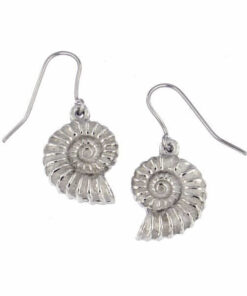 Ammonite drop earrings on surgical steel wires.