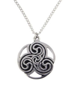 Triscele pendant – a pewter embossed and openwork Triscele design pendant on a tin-plated or surgical steel curb chain.