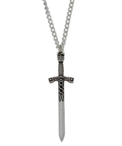 Excalibur pendant- a fine pewter pendant in an Excalibur sword design. Comes on an 18″ tin plated curb chain.