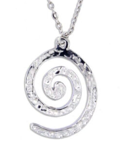 Spiral pendant on snake chain – hammered pewter spiral on 18″ rhodium-plated brass trace chain.