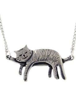 Sleeping cat necklace 18″- An embossed pewter sleeping cat on a tin-plated curb chain.