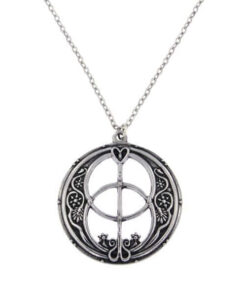 Chalice Well pendant on curb chain – pewter openwork pendant with relief design on 18″ tin-plated or surgical steel curb chain.