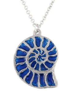 Ammonite pendant reversible with blue enamel – Double sided pewter pendant with blue enamel on one side. On 18″ silver-plated belcher chain.