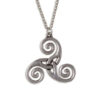 Triscele pendant – pewter triscele pendant with cut out entwined detail, comes on an 18″ rhodium-plated trace chain