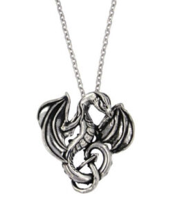 Winged dragon small pendant – This beautiful mystical winged dragon pewter pendant sits on an 18″ rhodium plated trace chain.