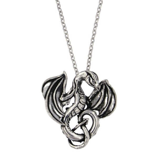 Winged dragon small pendant – This beautiful mystical winged dragon pewter pendant sits on an 18″ rhodium plated trace chain.