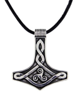 A large pewter Thor pendant with embossed Celtic design featuring a triscele.