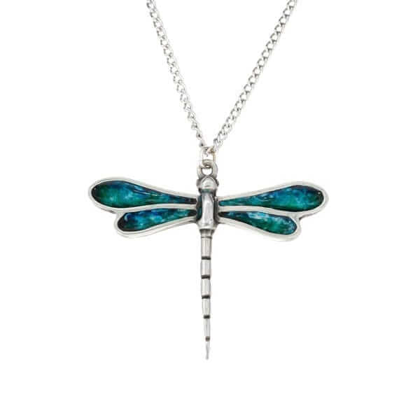 Dragonfly enamelled pendant – beautiful pewter dragonfly pendant with hand-enamelled wings. Comes on an 18″ tin-plated curb chain.