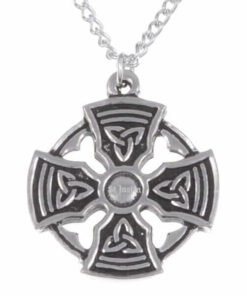 Pewter Padstow cross necklet with embossed Celtic trefoils hung on a tin-plated or surgical steel curb chain.