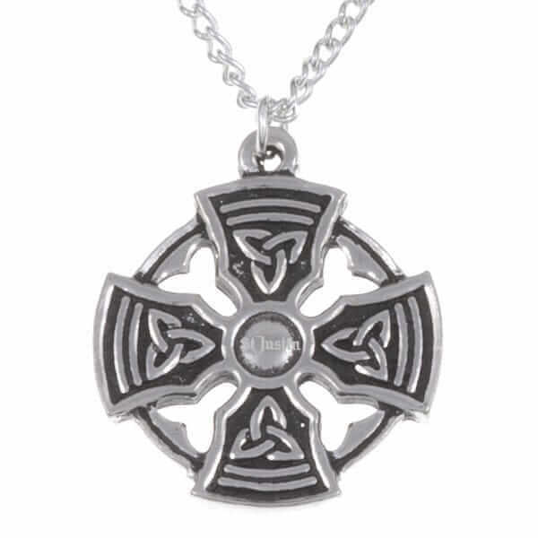 Pewter Padstow cross necklet with embossed Celtic trefoils hung on a tin-plated or surgical steel curb chain.
