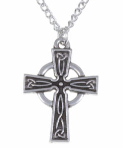 This pewter Celtic circle cross necklet has embossed trefoil designs and is hung on a tin-plated or surgical steel curb chain.