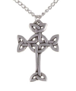 Pewter Clonmacnois cross necklet with intricate knot-work design hung on tin-plated or surgical steel curb chain.