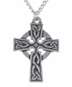 Pewter St Petroc cross necklet with an embossed Celtic knot-work design hung on a tin-plated or surgical steel curb chain.
