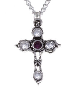 Crystal cross necklet (small) – a pewter cross set with crystals, one central coloured and four clear, on tin-plated or surgical steel curb chain. One of our top selling items!