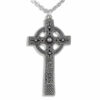 Large, pewter knot-work Cashel cross with a Celtic embossed design hung on a surgical steel trace chain.