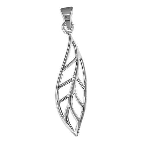 925 sterling silver pendant features an elegant leaf design crafted in polished silver. With elongated shape and openwork pattern.