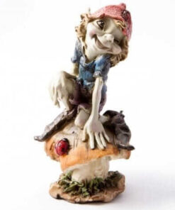 A whimsical Pesky Cornish Pisky perched playfully on a large mushroom. The character has a mischievous expression.