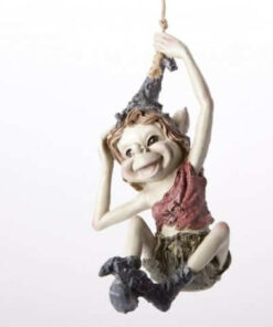 A whimsical Pesky Cornish Pisky swinging playfully. The figure has a joyful expression, with one hand supporting itself while the other is raised, possibly in a cheerful gesture