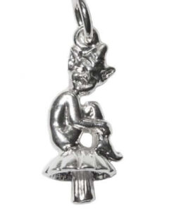 Sterling silver Cornish Pisky charm seated on a mushroom. The design is detailed, capturing the playful, fairy-tale essence typical of Cornish folklore.