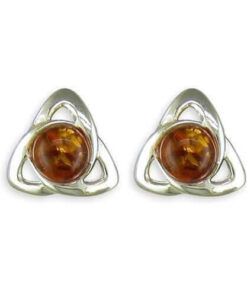 925 sterling silver earrings feature a beautiful Celtic knot design. Each earring is adorned with a warm cognac amber gemstone at the center.