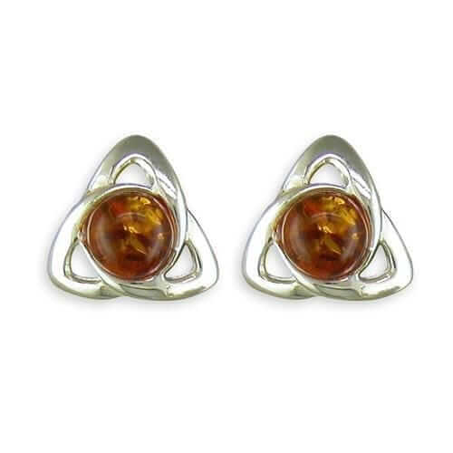 925 sterling silver earrings feature a beautiful Celtic knot design. Each earring is adorned with a warm cognac amber gemstone at the center.