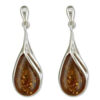 925 sterling silver earrings feature an elegant teardrop design with large cognac amber gemstones encased in polished sterling silver.