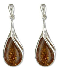 925 sterling silver earrings feature an elegant teardrop design with large cognac amber gemstones encased in polished sterling silver.