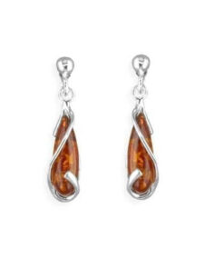 925 sterling silver earrings feature an elegant teardrop design, showcasing warm cognac amber gemstone wrapped in polished sterling silver.