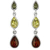 925 sterling silver earrings feature a stunning drop design with three teardrop-shaped mixed amber gemstones in a vibrant color combination
