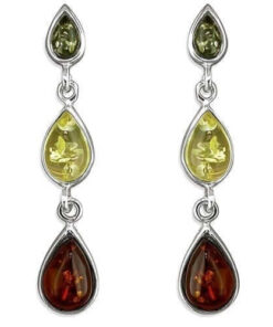 925 sterling silver earrings feature a stunning drop design with three teardrop-shaped mixed amber gemstones in a vibrant color combination
