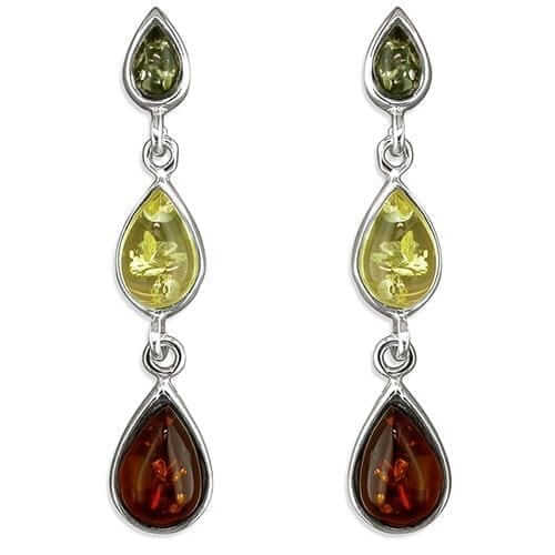 925 sterling silver earrings feature a stunning drop design with three teardrop-shaped mixed amber gemstones in a vibrant color combination