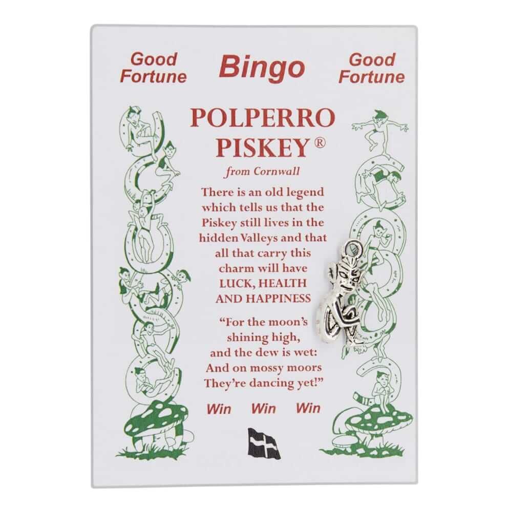 Silver coloured Lucky Cornish Piskey Bingo Charm direct from the pisky headquarters in Polperro Cornwall