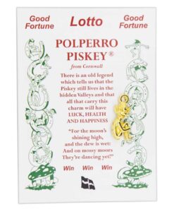 Gold coloured Lucky Cornish Piskey Lotto Charm direct from the pisky headquarters in Polperro Cornwall