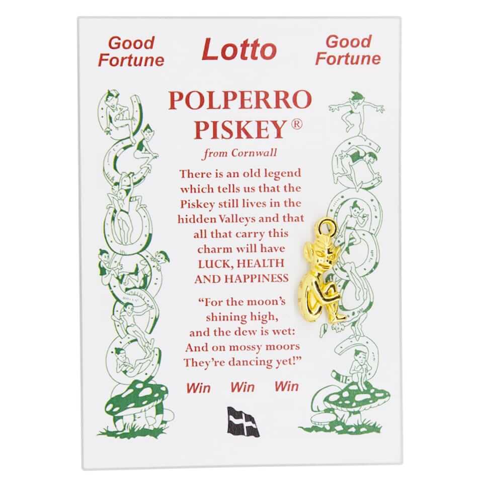 Gold coloured Lucky Cornish Piskey Lotto Charm direct from the pisky headquarters in Polperro Cornwall