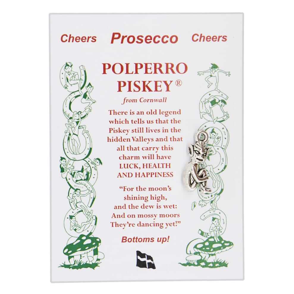 Silver coloured Lucky Cornish Piskey Prosecco Charm.