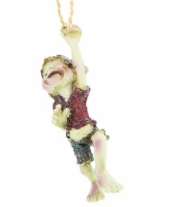 The Pesky Cornish Pisky is a playful character. The pisky is depicted in a joyful pose, with one arm raised in excitement. Dressed in colorful attire.