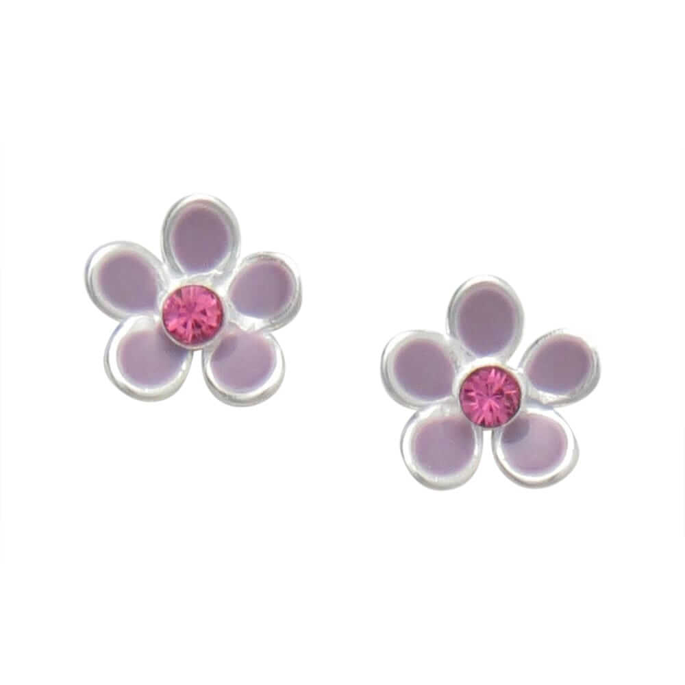Flower Push-Back Earrings, crafted from 925 sterling silver. Each pair is designed with purple enamel petals and sparkling crystal glass centers.