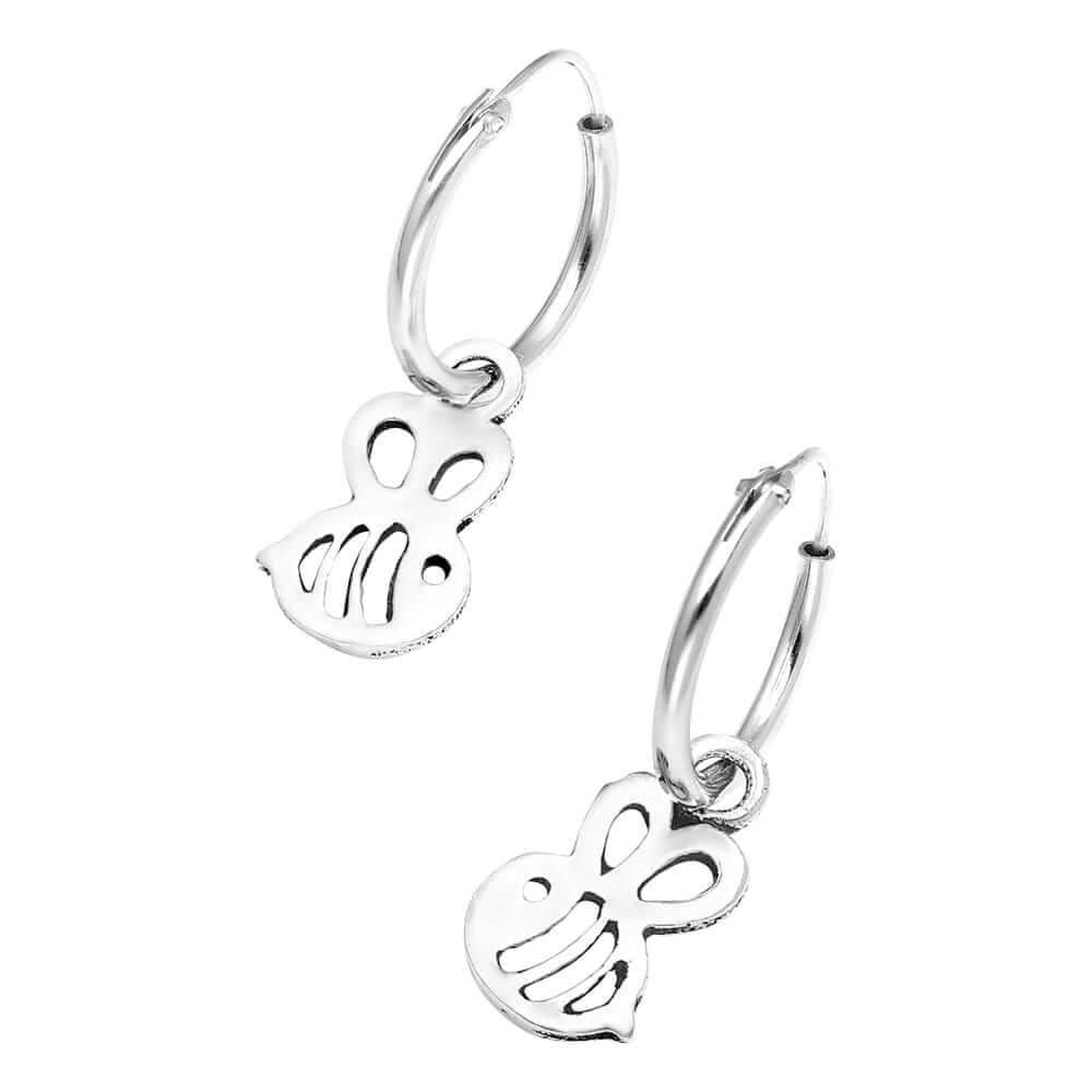 Sterling Silver bee earring charms hanging from a sterling silver hoop earring.