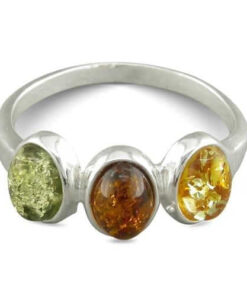 Triple Multi-Coloured Amber Sterling Silver Ring