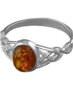 Sterling Silver Cognac Amber with Celtic Shoulders Ring