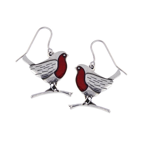 St Justin Robins on branches drop earrings with red enamel