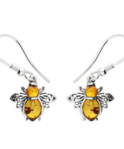 925 sterling silver earrings feature a charming bee design, crafted in silver and accented with amber stones. The bees have intricate detailing,