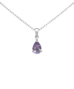 Stunning 925 Sterling Silver Solitaire Pendant. Expertly crafted and adorned with a captivating amethyst gem stone, this exquisite piece is perfect for celebrating love and special occasions. The rhodium plating ensures a lasting shine, while the prong setting securely holds the amethyst, enhancing its brilliance.