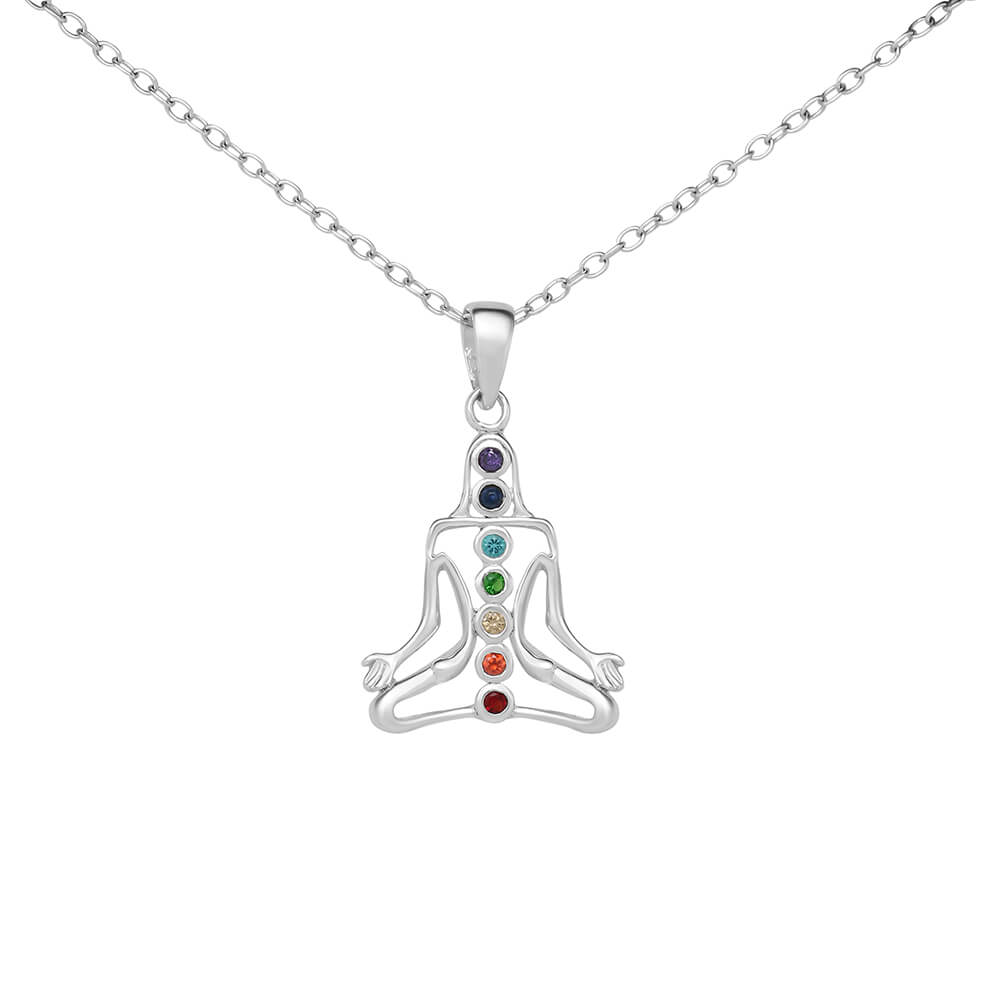 925 Sterling Silver Seven Chakras Pendant. This exquisite piece is adorned with vibrant CZ simulated diamonds, each representing one of the chakras. Crafted with precision and finished in lustrous 925 sterling silver, it embodies both beauty and meaning.
