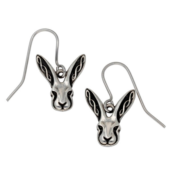 Celtic Hare earrings – cute pewter drop earrings in the shape of a hare’s head with Celtic knot ears. Come on surgical steel hooks.